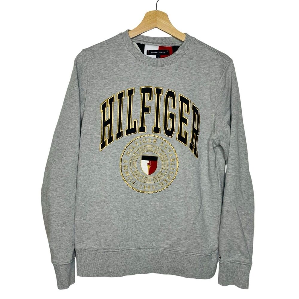 Tommy Hilfiger Varsity Crest Sweatshirt Men’s Small Gray Pullover Preppy - Picture 3 of 5